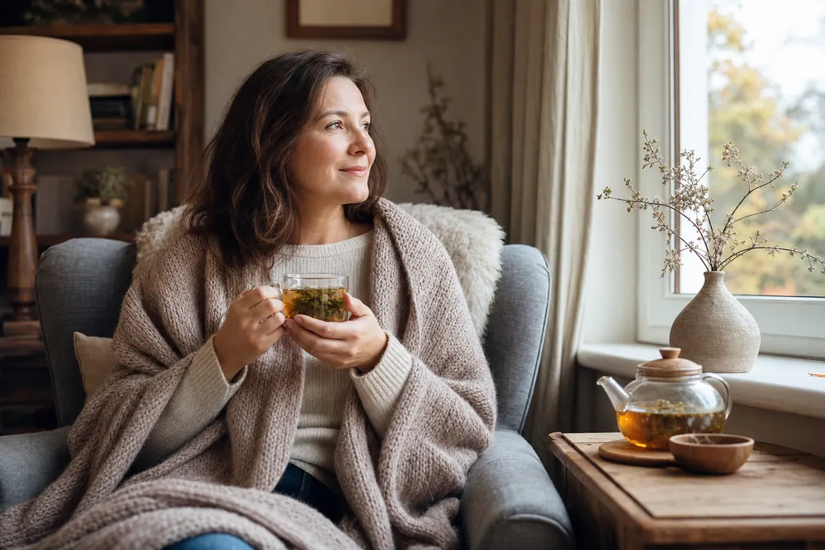 Žena s dekou a hrnkem bylinného čaje u okna