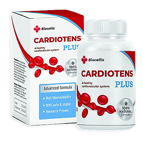 Balení Cardiotens plus – bílá dóza a krabička s červenou vlnou, kapsle