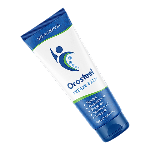 Balení Orosteel – modrobílá tuba se stylizovanou postavou v pohybu, 50 ml
