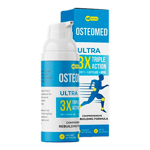 Balení Osteomed – bílý dávkovač s pumpičkou a modrá krabička, gel