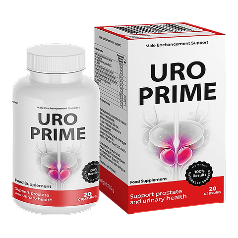Balení Uro Prime – bílá dóza a krabička s červeným pruhem, kapsle